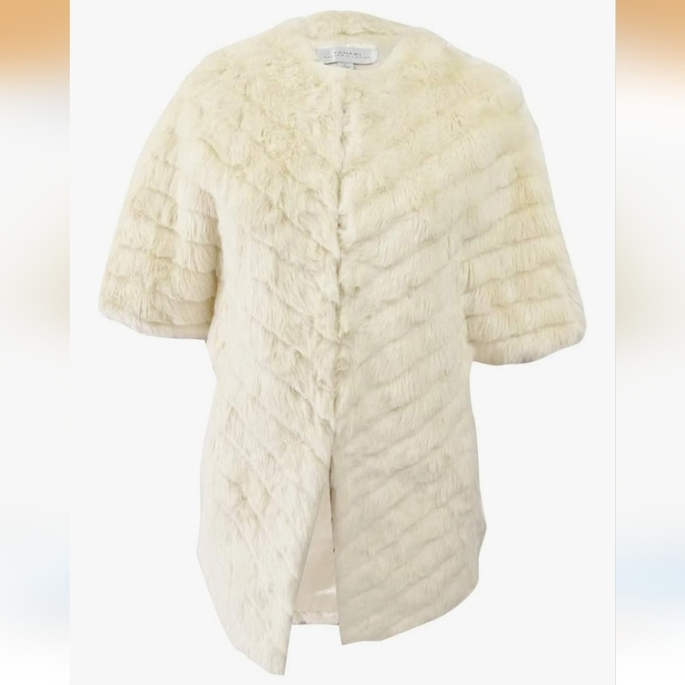 Tahari ASL Womens Faux Fur Topper Jacket Champagne Gold Chevron 7221M326 Small